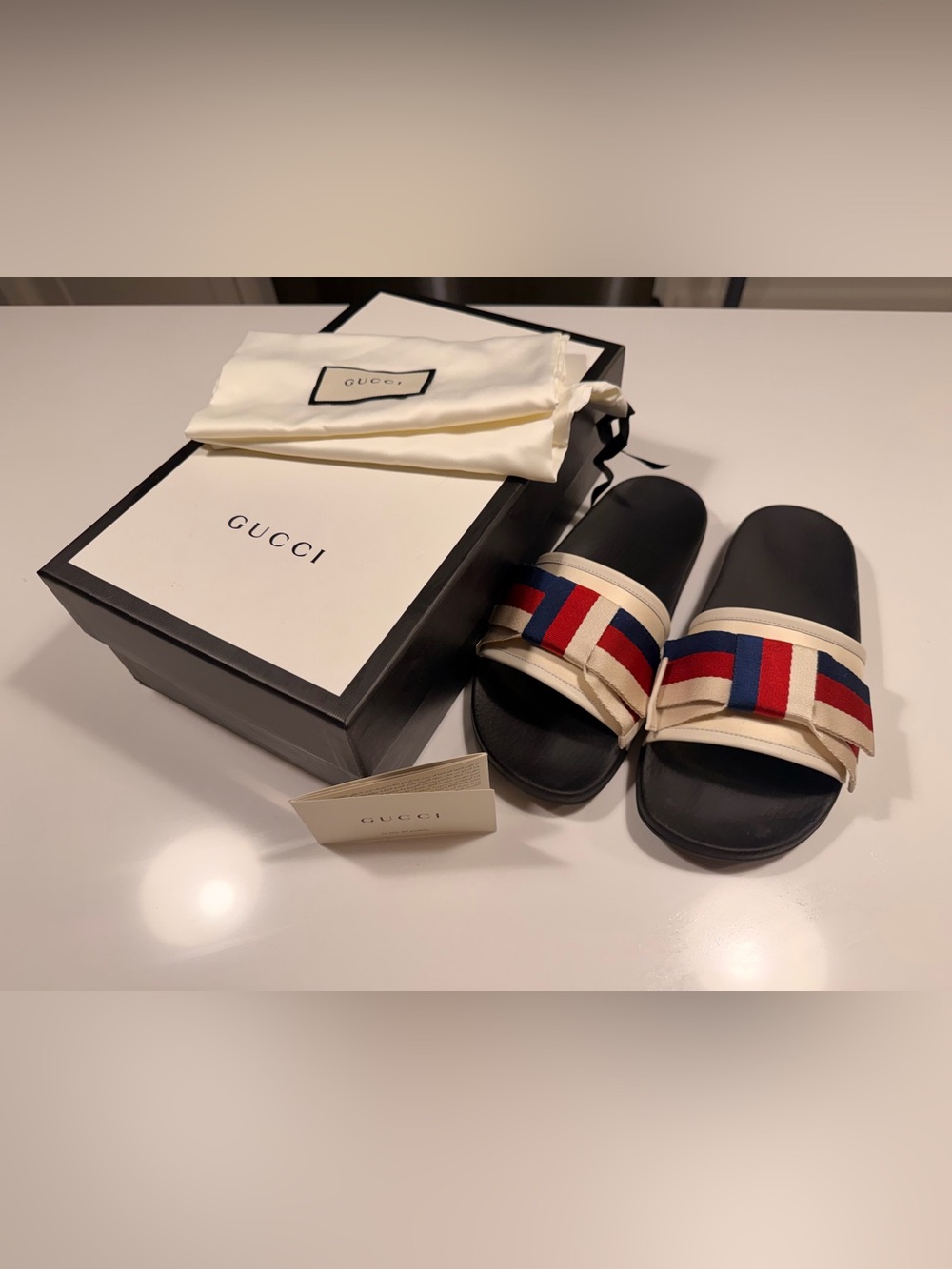 Gucci Black Slide Sandals with Cream Upper and Red & Blue Web Stripe